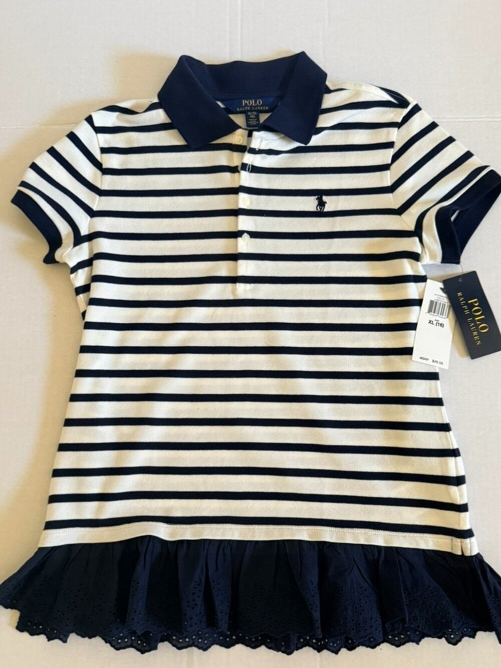 NWT Polo Ralph Lauren Girls XL 16 Striped Polo Ruffle Hem Top